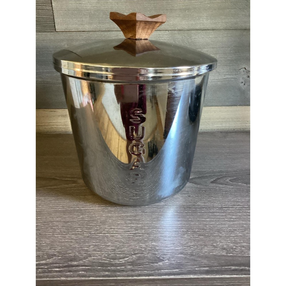 Everedy Classic chrome Steel Sugar Canister With Wooden Knob Vintage